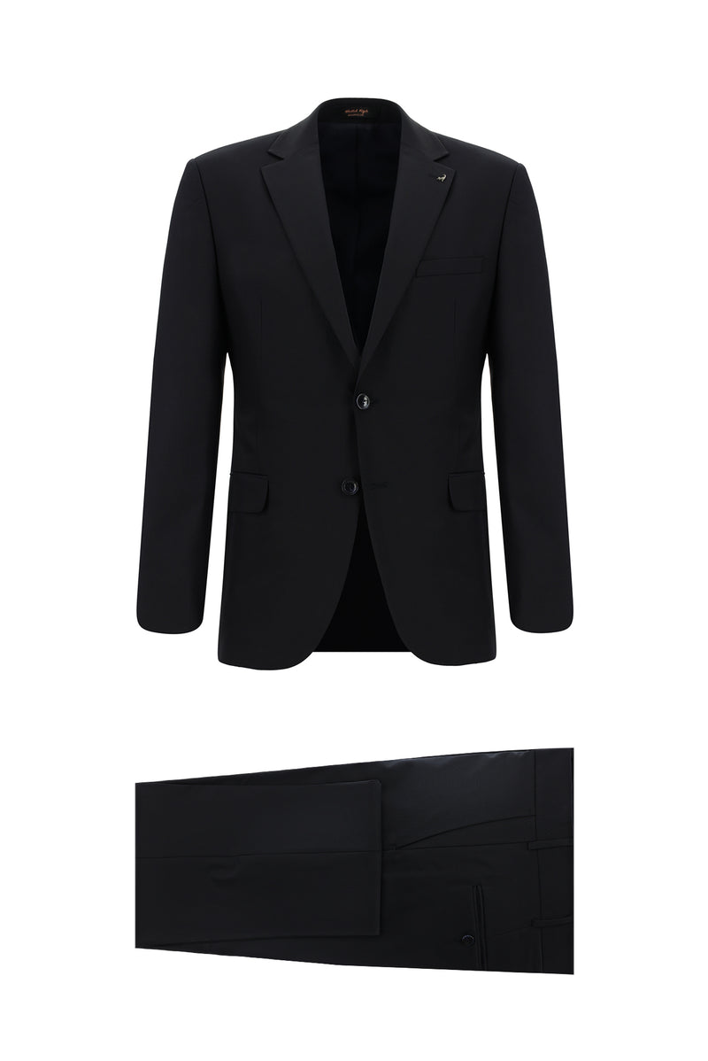 Siyah Lacivert Slim Fit Dar Kesim Yünlü Klasik Takım Elbise
