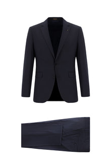 Koyu Lacivert Slim Fit Dar Kesim Yünlü Klasik Takım Elbise