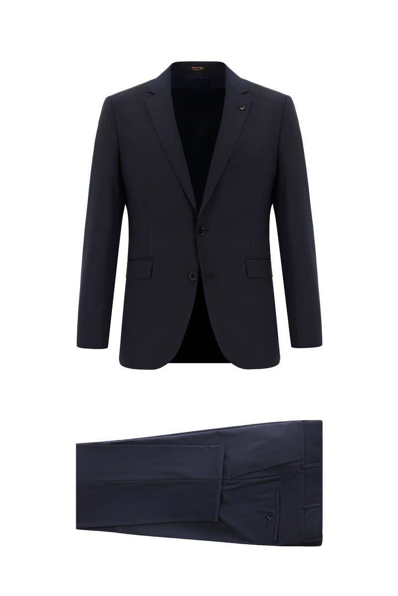 Koyu Lacivert Slim Fit Dar Kesim Yünlü Klasik Takım Elbise