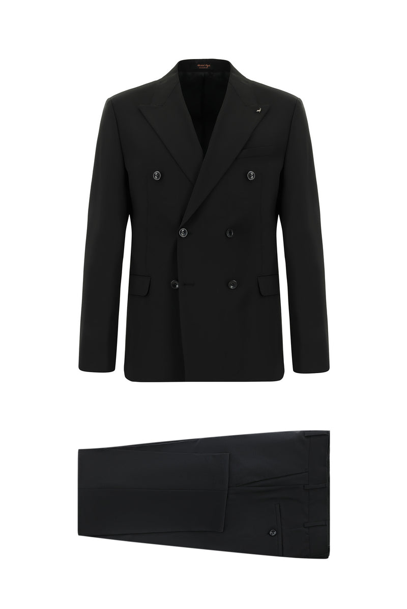 Siyah Regular Fit Yünlü Kruvaze Takım Elbise