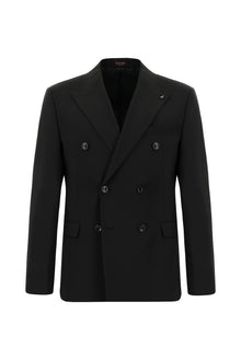 Siyah Slim Fit Dar Kesim Yünlü Kruvaze Takım Elbise