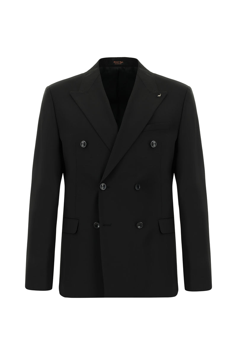 Siyah Regular Fit Yünlü Kruvaze Takım Elbise