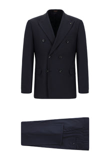 Koyu Lacivert Slim Fit Dar Kesim Yünlü Kruvaze Takım Elbise