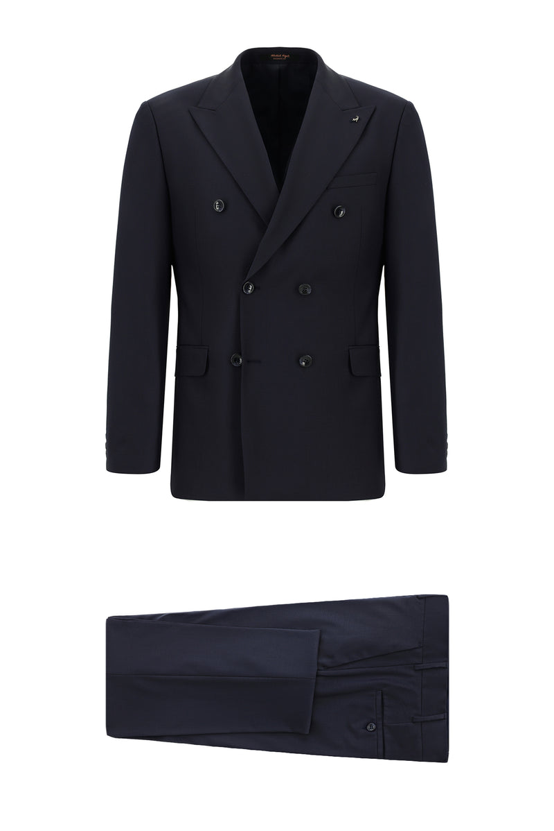 Koyu Lacivert Slim Fit Dar Kesim Yünlü Kruvaze Takım Elbise