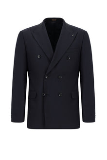 Koyu Lacivert Slim Fit Dar Kesim Yünlü Kruvaze Takım Elbise