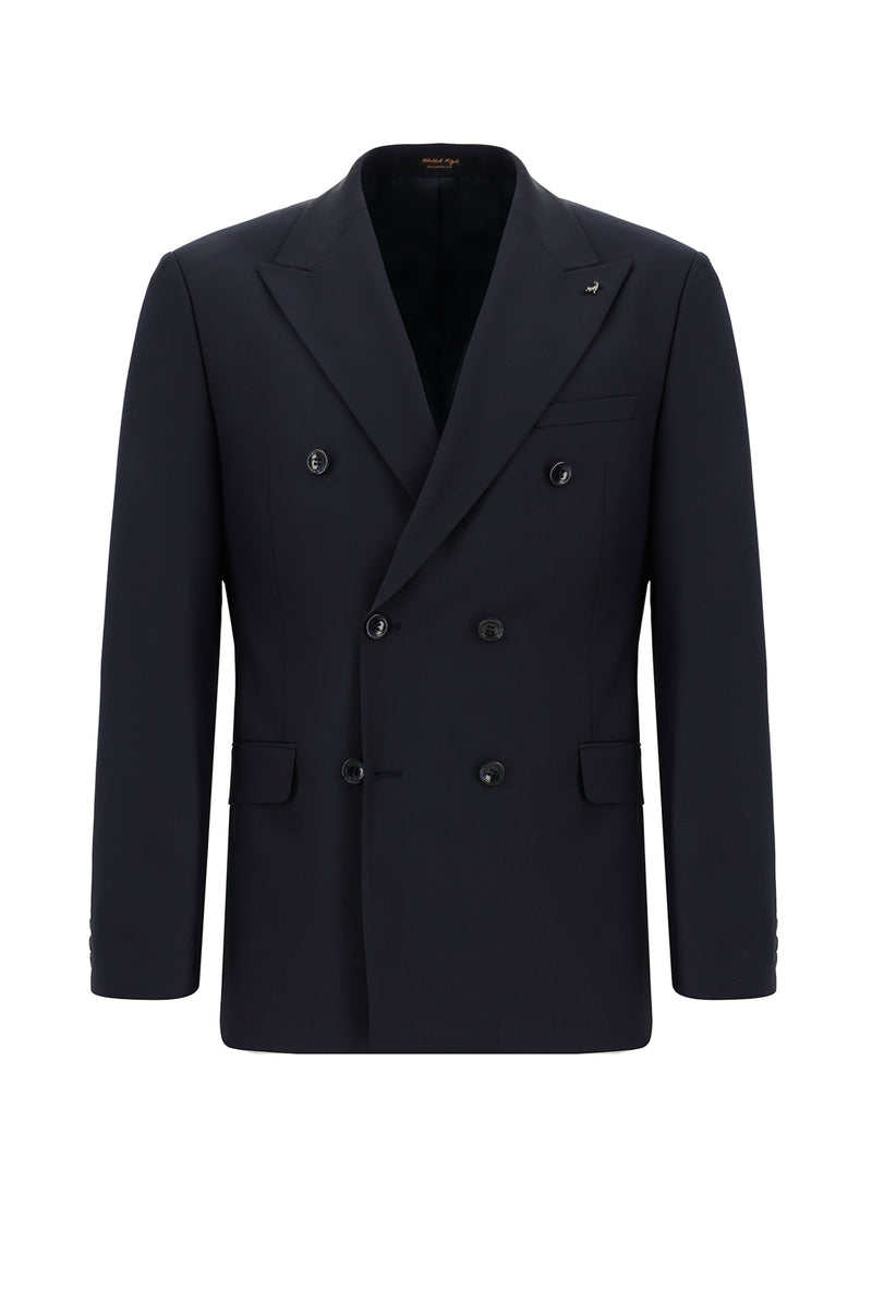 Koyu Lacivert Slim Fit Dar Kesim Yünlü Kruvaze Takım Elbise