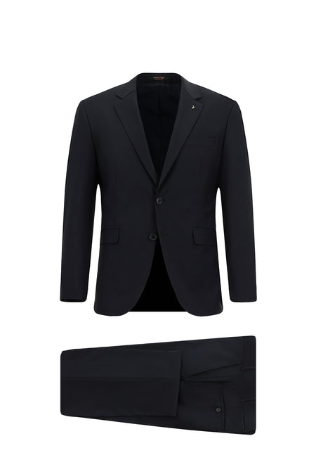 Koyu Lacivert Slim Fit Dar Kesim Yünlü Klasik Takım Elbise