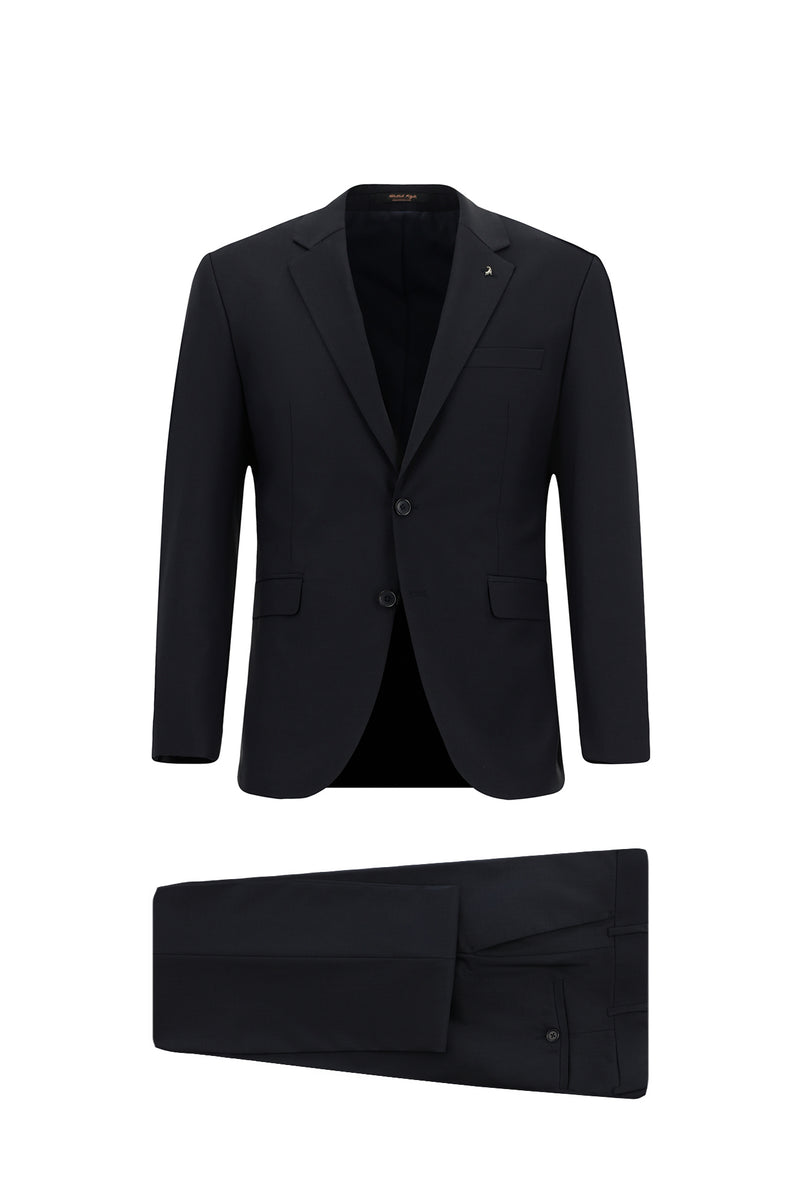 Koyu Lacivert Slim Fit Dar Kesim Yünlü Klasik Takım Elbise