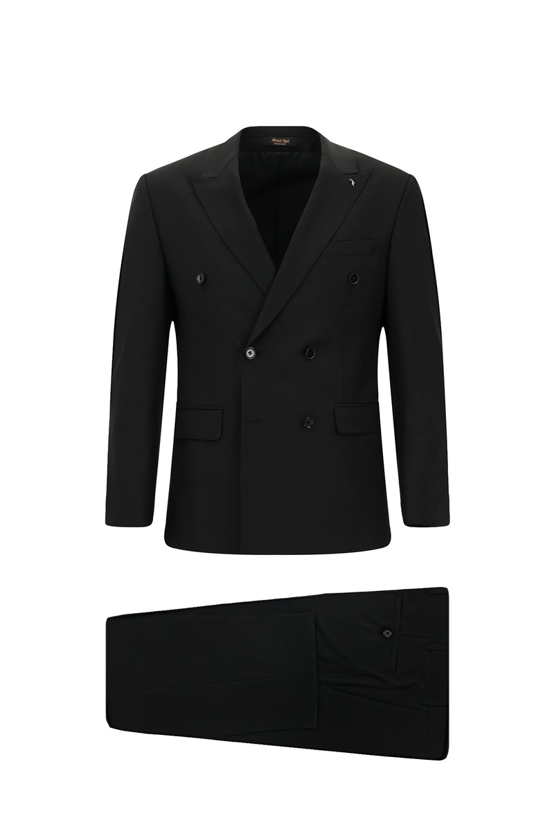 Siyah Slim Fit Dar Kesim Yünlü Kruvaze Takım Elbise