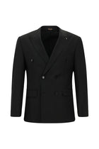 Siyah Slim Fit Dar Kesim Yünlü Kruvaze Takım Elbise