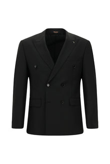 Siyah Slim Fit Dar Kesim Yünlü Kruvaze Takım Elbise