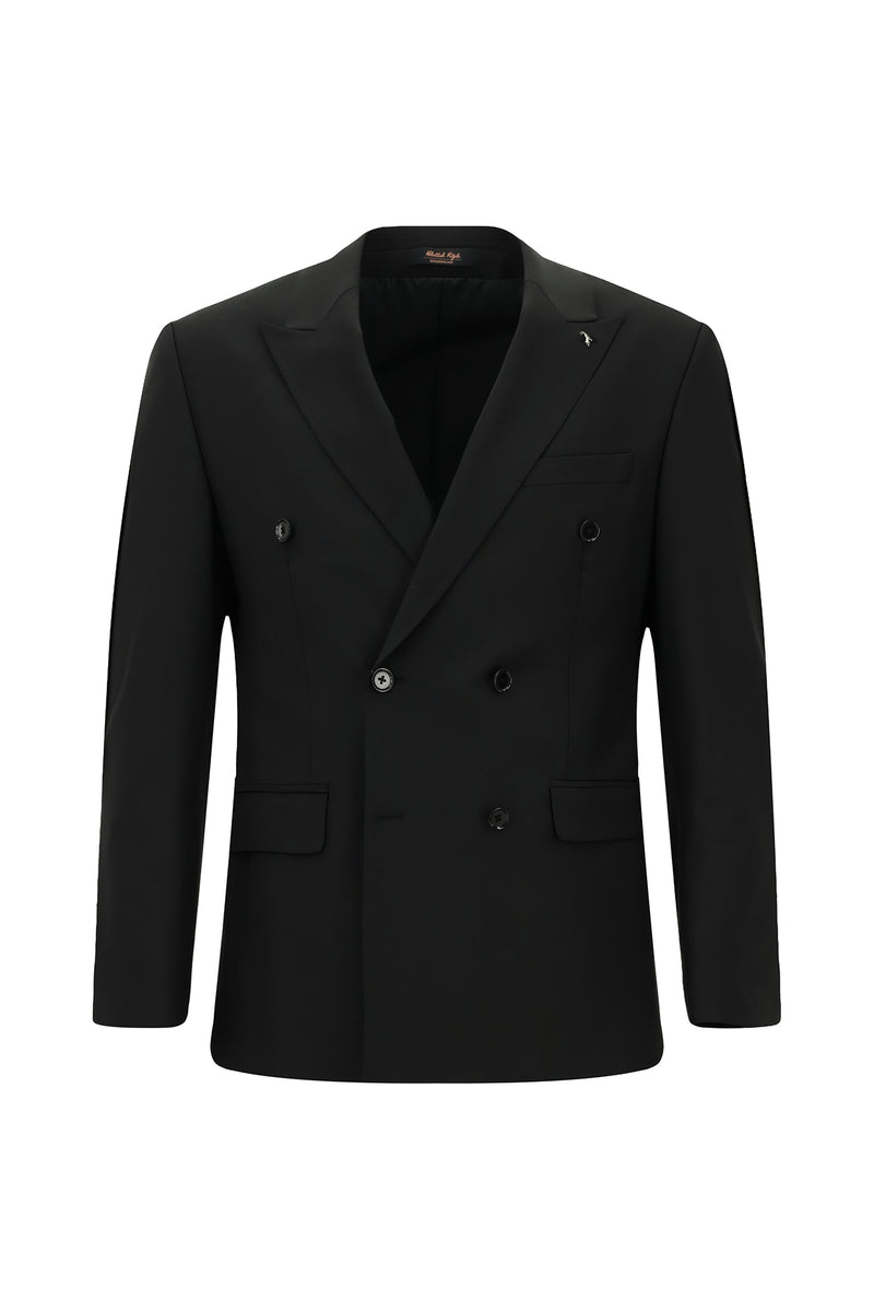Siyah Slim Fit Dar Kesim Yünlü Kruvaze Takım Elbise