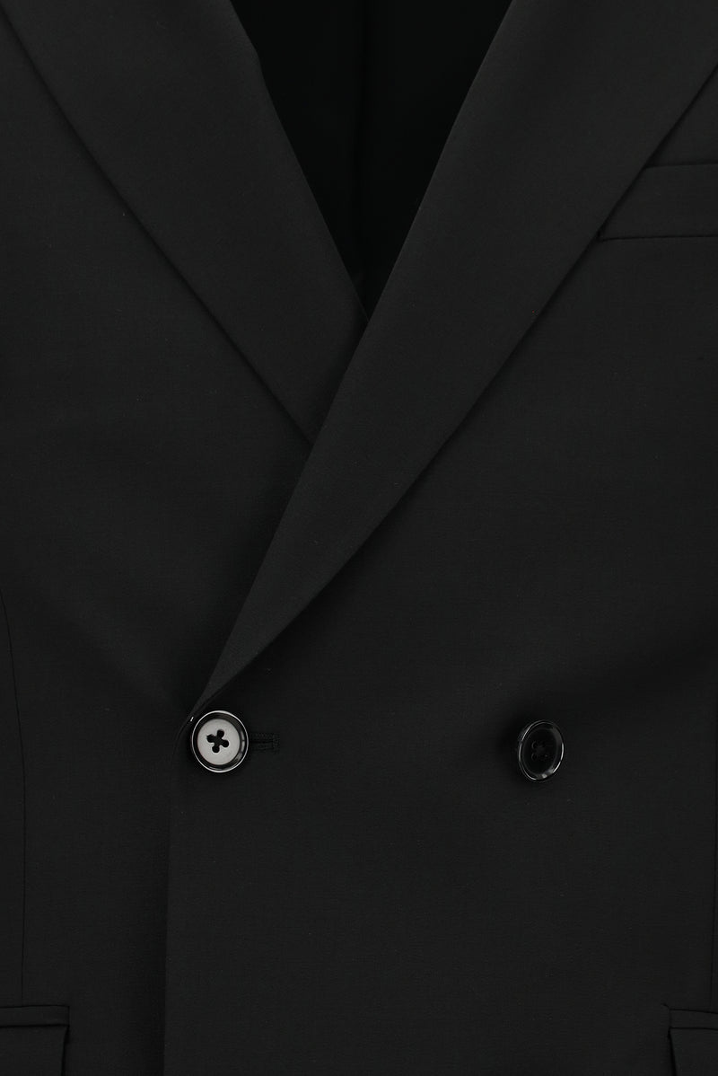 Siyah Slim Fit Dar Kesim Yünlü Kruvaze Takım Elbise