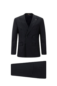 Siyah Lacivert Slim Fit Dar Kesim Yünlü Kruvaze Takım Elbise