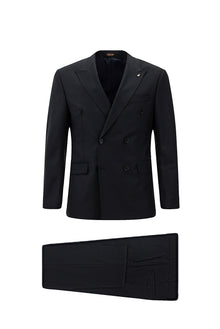 Siyah Lacivert Slim Fit Dar Kesim Yünlü Kruvaze Takım Elbise