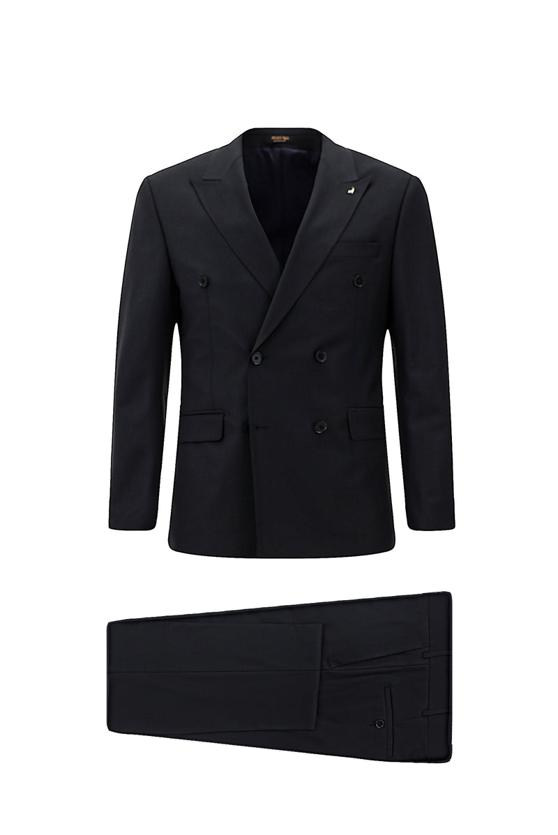 Siyah Lacivert Slim Fit Dar Kesim Yünlü Kruvaze Takım Elbise