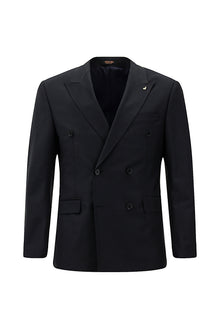 Siyah Lacivert Slim Fit Dar Kesim Yünlü Kruvaze Takım Elbise