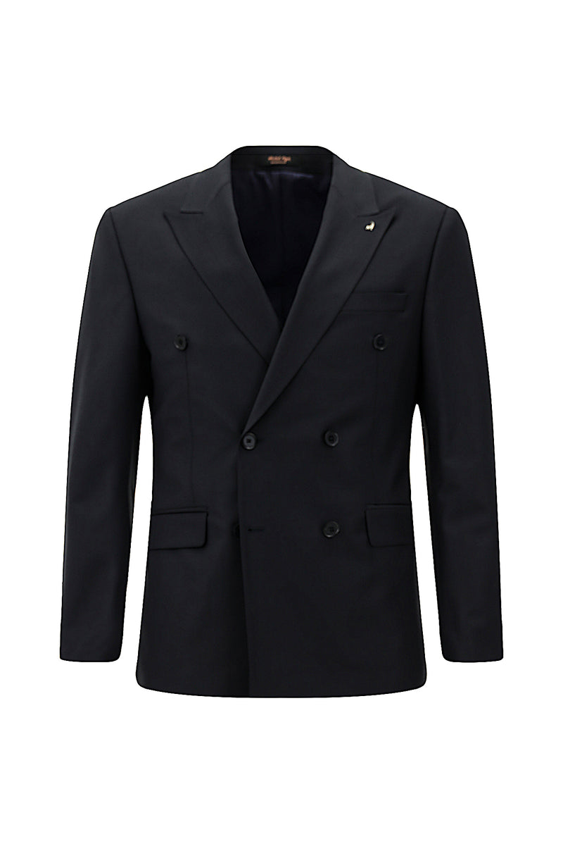 Siyah Lacivert Slim Fit Dar Kesim Yünlü Kruvaze Takım Elbise