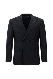 Siyah Lacivert Slim Fit Dar Kesim Yünlü Kruvaze Takım Elbise