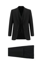 Siyah Slim Fit Dar Kesim Yünlü Yelekli Takım Elbise