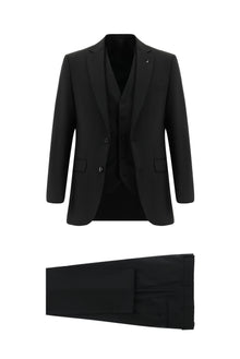 Siyah Slim Fit Dar Kesim Yünlü Yelekli Takım Elbise
