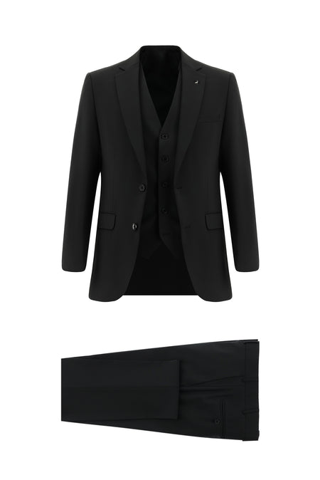 Siyah Slim Fit Dar Kesim Yünlü Yelekli Takım Elbise