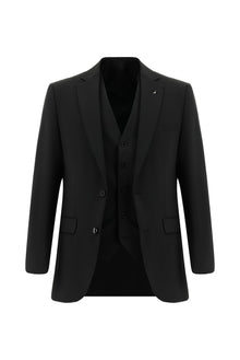 Siyah 7 Drop Slim Fit Dar Kesim Yünlü Yelekli Tak?m Elbise-Abdullah Ki??l?