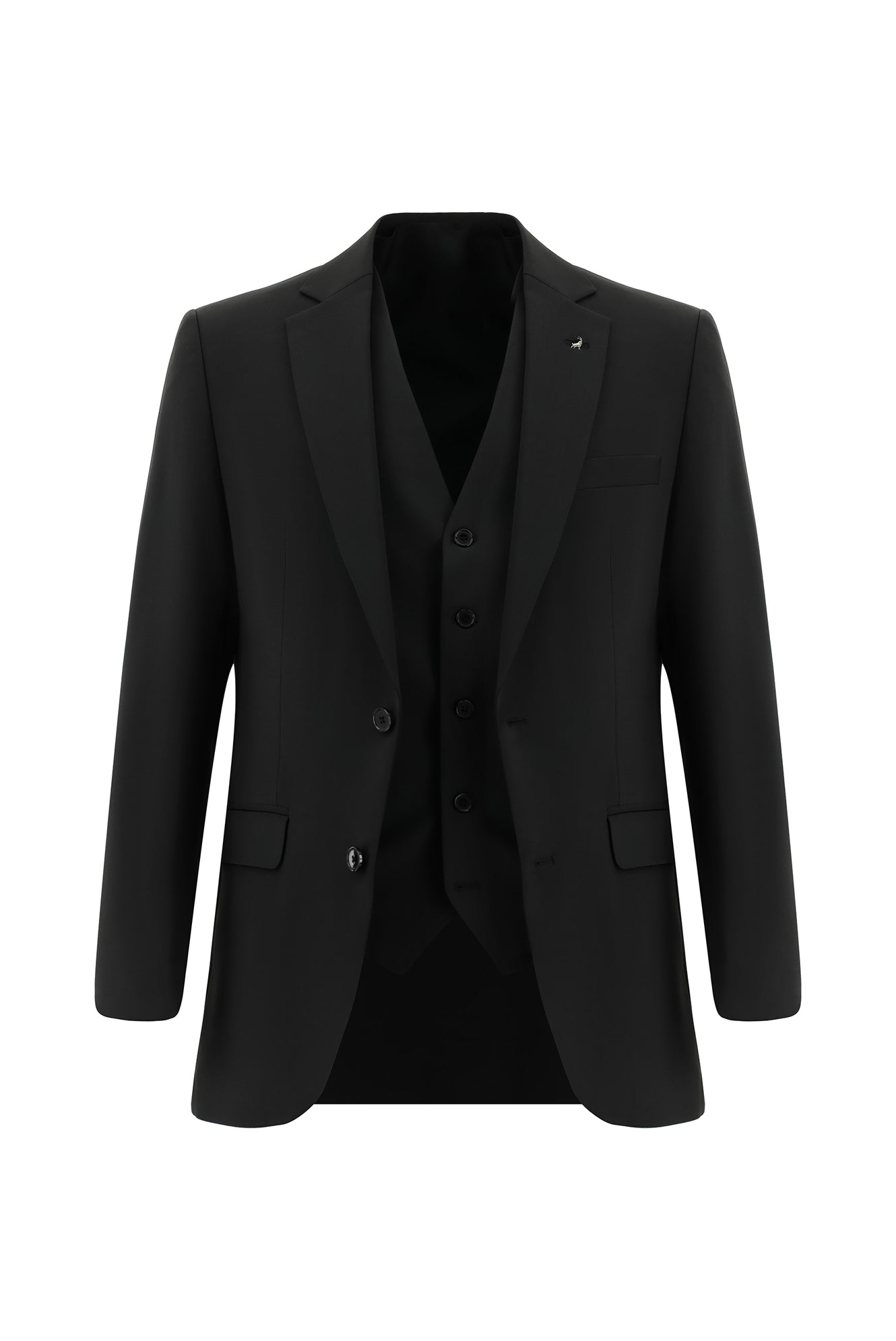 Siyah Slim Fit Dar Kesim Yünlü Yelekli Takım Elbise