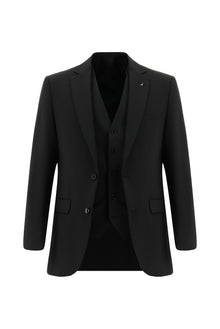 Siyah Slim Fit Dar Kesim Yünlü Yelekli Takım Elbise