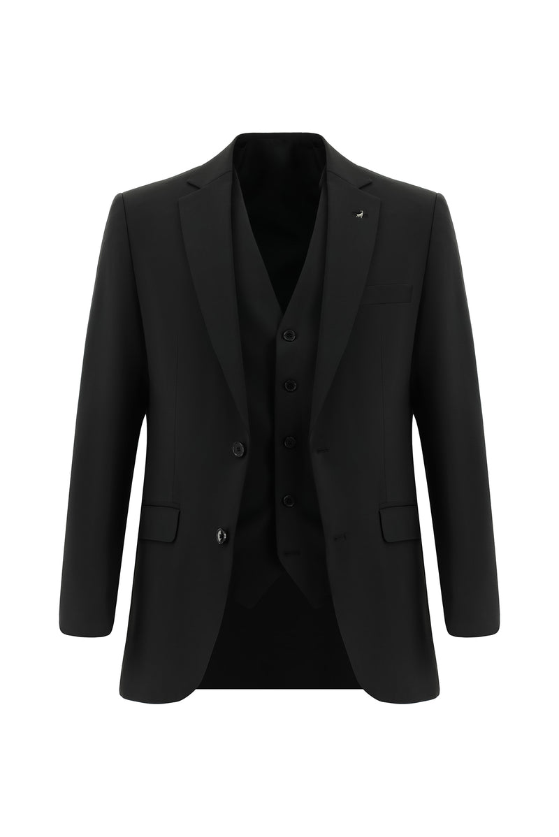 Siyah Slim Fit Dar Kesim Yünlü Yelekli Takım Elbise