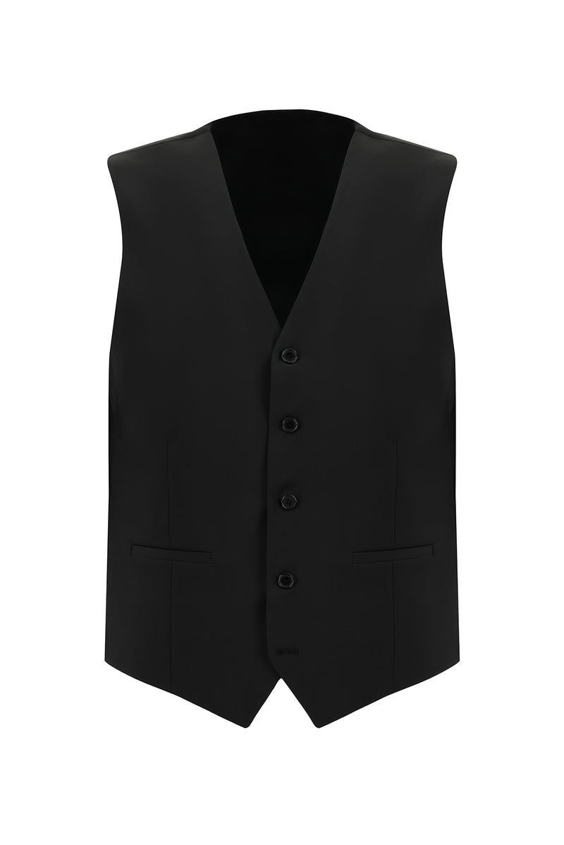 Siyah Slim Fit Dar Kesim Yünlü Yelekli Takım Elbise