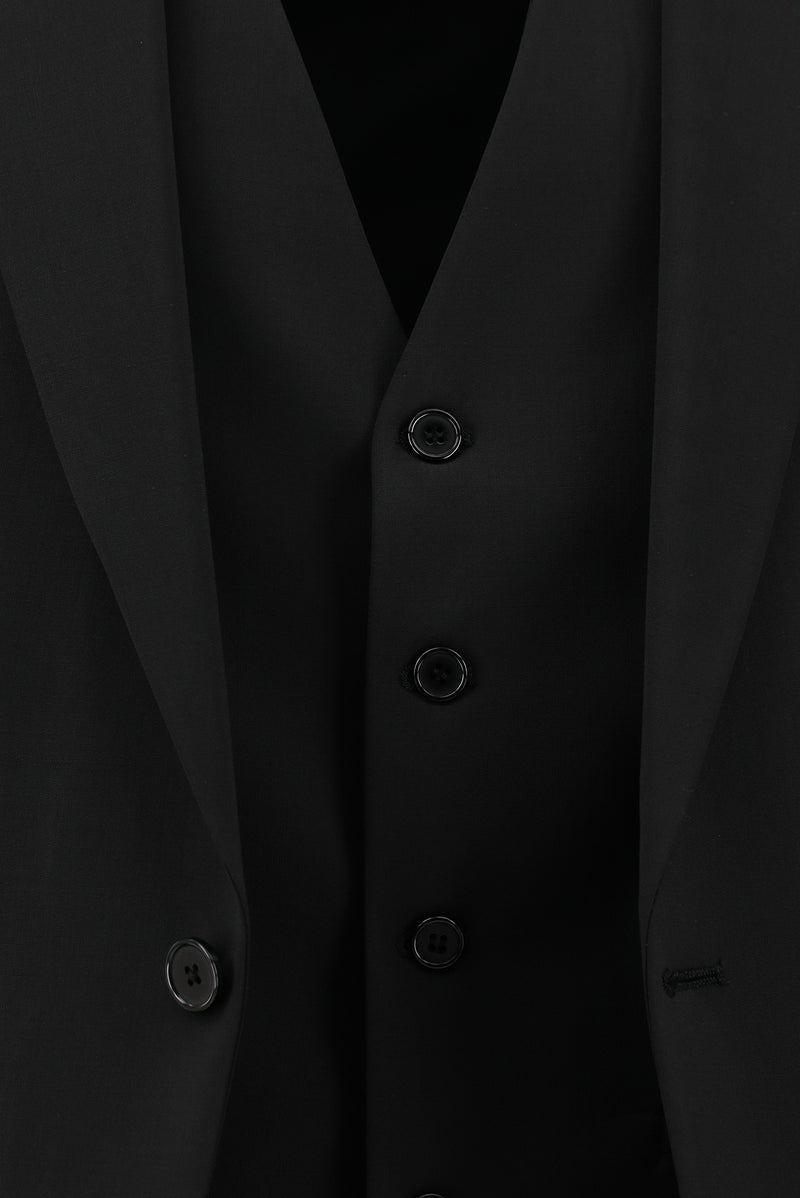 Siyah Slim Fit Dar Kesim Yünlü Yelekli Takım Elbise