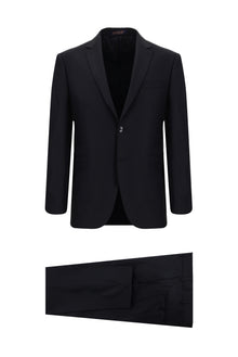 Siyah Lacivert Slim Fit Dar Kesim Yünlü Klasik Takım Elbise