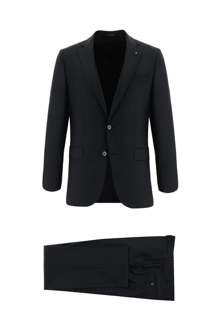 Siyah Slim Fit Dar Kesim Yünlü Klasik Takım Elbise