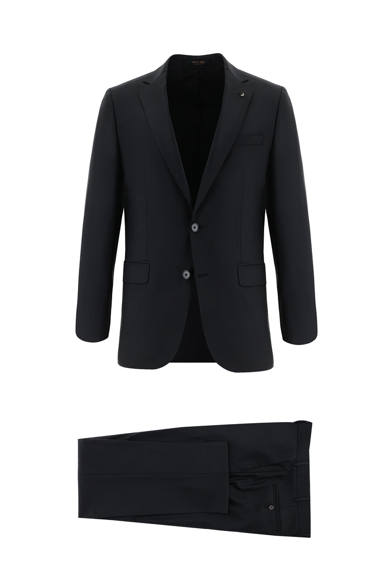 Siyah Slim Fit Dar Kesim Yünlü Klasik Takım Elbise