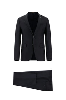 Siyah Lacivert Super Slim Fit Ekstra Dar Kesim Yünlü Klasik Takım Elbise