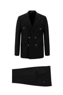 Siyah Slim Fit Dar Kesim Yünlü Kruvaze Takım Elbise