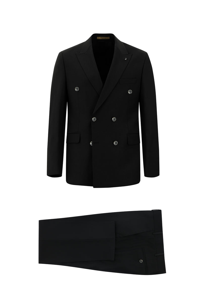 Siyah Slim Fit Dar Kesim Yünlü Kruvaze Takım Elbise