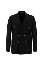 Siyah Slim Fit Dar Kesim Yünlü Kruvaze Takım Elbise