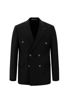 Siyah Slim Fit Dar Kesim Yünlü Kruvaze Takım Elbise