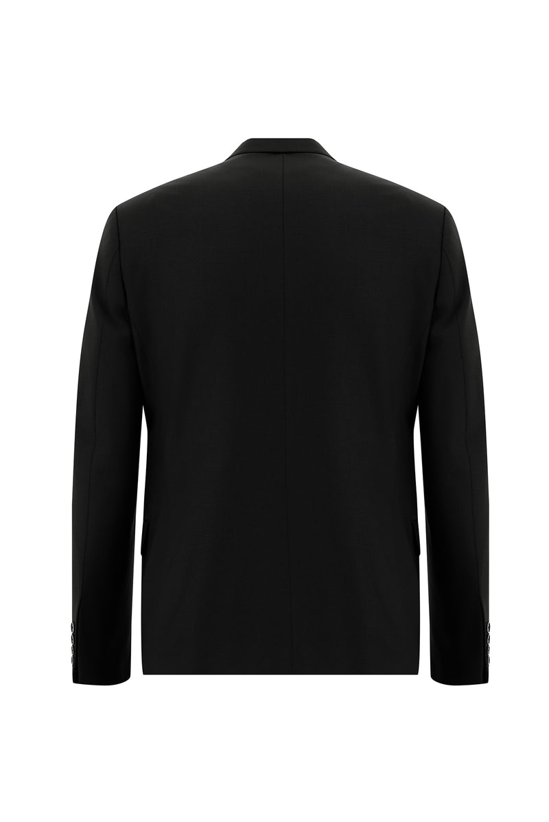 Siyah Slim Fit Dar Kesim Yünlü Kruvaze Takım Elbise