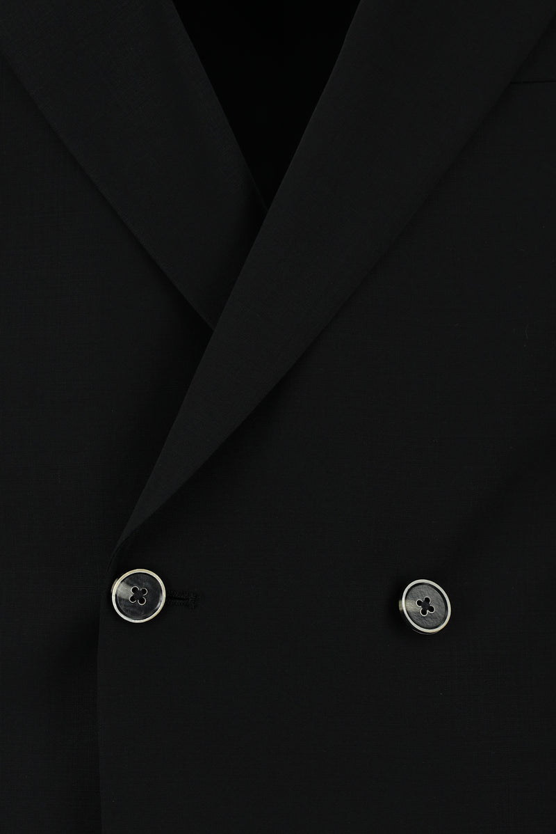 Siyah Slim Fit Dar Kesim Yünlü Kruvaze Takım Elbise