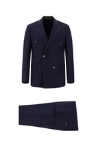 Orta Lacivert Slim Fit Dar Kesim Yünlü Kruvaze Takım Elbise