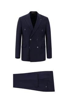 Orta Lacivert Slim Fit Dar Kesim Yünlü Kruvaze Takım Elbise