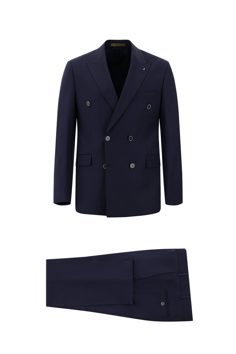 Orta Lacivert Slim Fit Dar Kesim Yünlü Kruvaze Takım Elbise