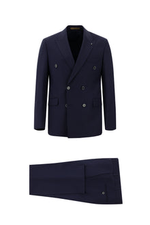 Orta Lacivert 7 Drop Slim Fit Dar Kesim Yünlü Kruvaze Tak?m Elbise-Abdullah Ki??l?