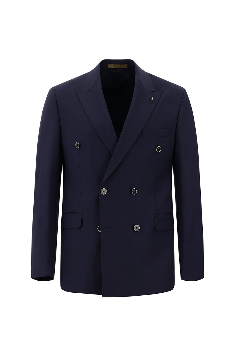 Orta Lacivert Slim Fit Dar Kesim Yünlü Kruvaze Takım Elbise