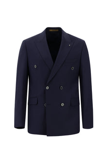 Orta Lacivert Slim Fit Dar Kesim Yünlü Kruvaze Takım Elbise