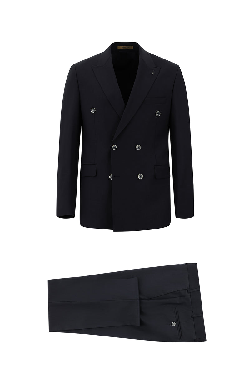 Siyah Lacivert 7 Drop Slim Fit Dar Kesim Yünlü Kruvaze Tak?m Elbise-Abdullah Ki??l?