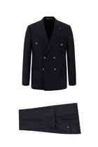 Siyah Lacivert Slim Fit Dar Kesim Yünlü Kruvaze Takım Elbise